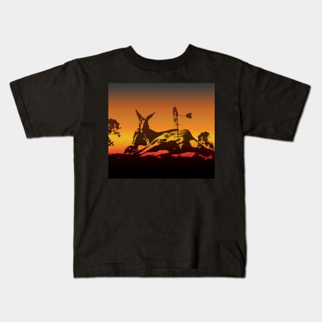 The Australian Native Animal Series: Kangaroo - The Iconic Marsupial & Bush Windmill with the Sunset Colors of Golden Hour Kids T-Shirt by karenmcfarland13